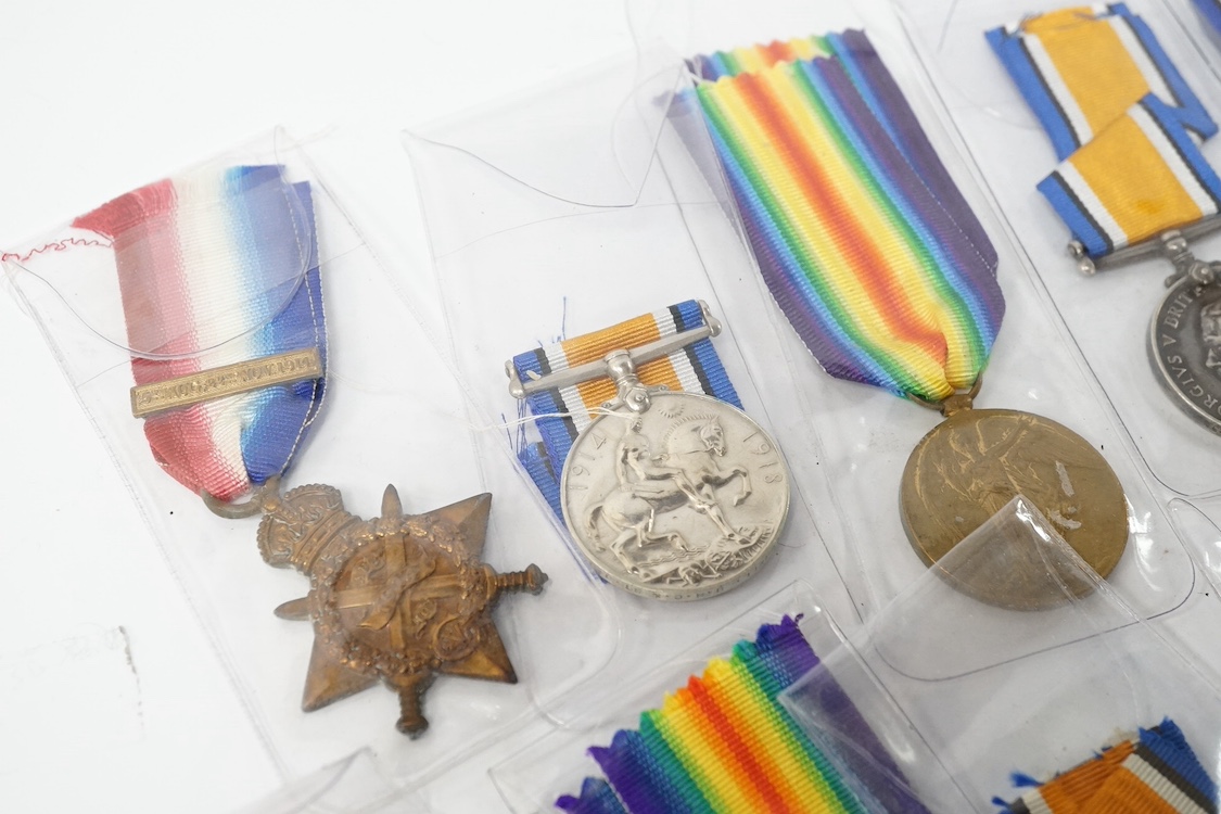 A collection of eighteen First World War medals including; eight British War Medals, five Victory Medals, four 1914-15 Stars, and one 1914 Star with clasp for 5th Aug - 22nd Nov. 1914, all named. Condition - poor to good